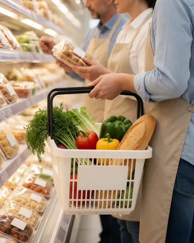 A customer holds a shopping basket filled with fresh vegetables and bread in a grocery store aisle.
