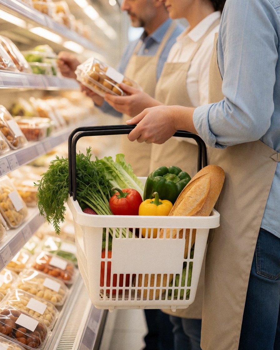 A customer holds a shopping basket filled with fresh vegetables and bread in a grocery store aisle.