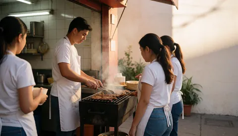 Staff wearing aprons grilling meat on a barbecue outdoors with visible smoke and white walls, depicting a fast food service scene.
