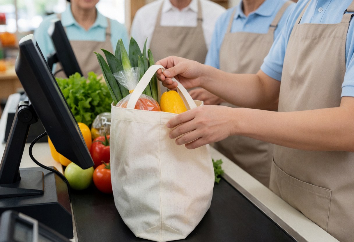 Cashier at minimarket putting tomatoes and bananas in reusable bag with fresh products and computer on counter
