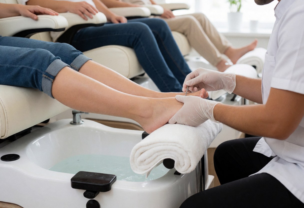 Close-up of a manicurist wearing gloves performing a pedicure service in a clean and professional salon setting