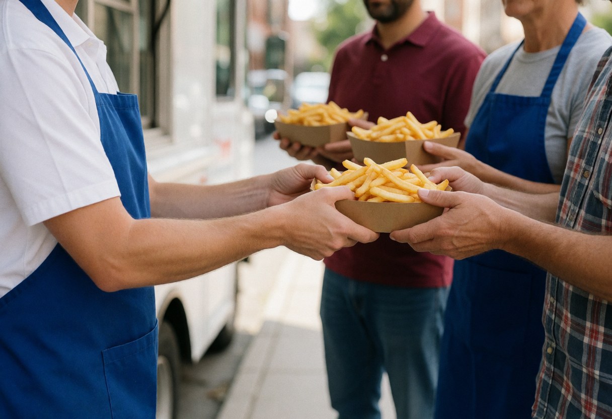 Workers handing paper-wrapped french fries to customers from a delivery van in an outdoor fast food setting with sunlight.