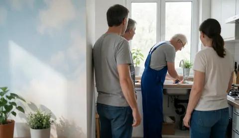 A plumber wearing blue overalls repairs a pipe under a sink while three people watch closely.
