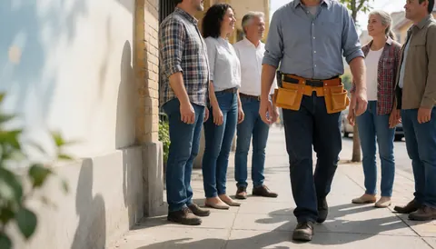 A plumber wearing a tool belt walks down a sunny street while a group of people watches him closely.