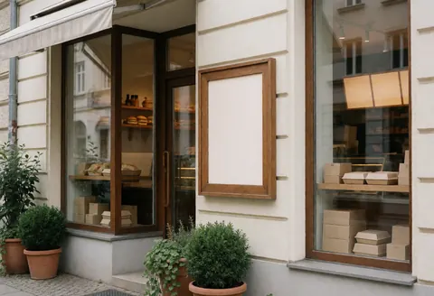 Clean fast food storefront featuring glass windows, wooden frames, potted plants, and a display case with packaged food boxes.