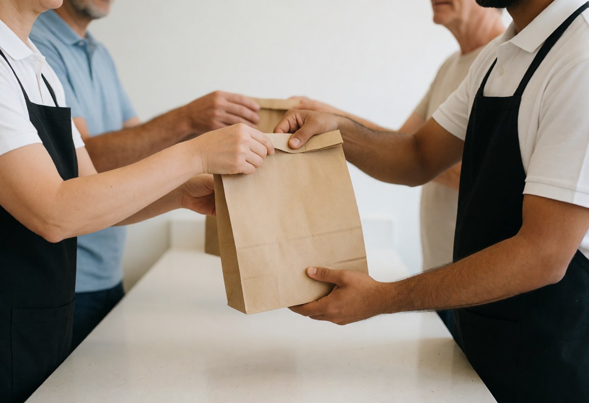 A fast food worker delivering a paper bag to a customer in a clean, modern restaurant interior with white walls.