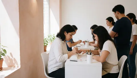 Stylist painting client nails in modern salon with terracotta walls and white tables