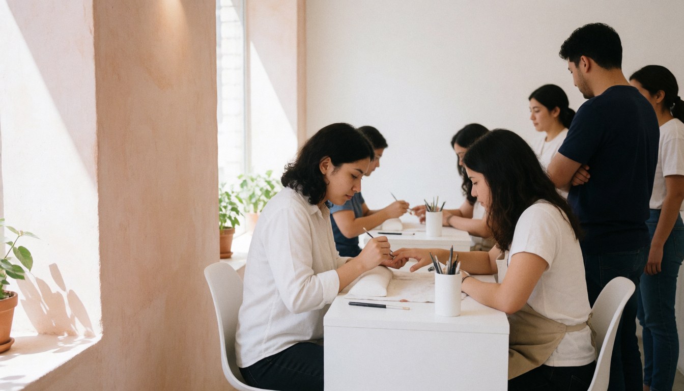 Stylist painting client nails in modern salon with terracotta walls and white tables