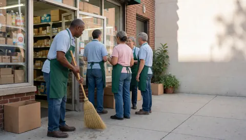 Grocery store staff wearing aprons sweeping the exterior near a brick facade and cardboard boxes by the entrance.