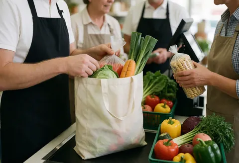 Cashier packing fresh vegetables into a reusable bag at the checkout counter with green produce boxes visible.