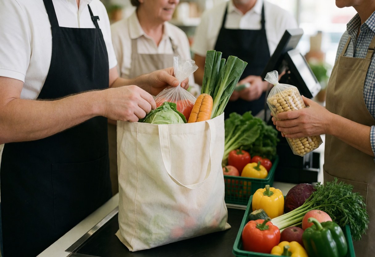 Cashier packing fresh vegetables into a reusable bag at the checkout counter with green produce boxes visible.