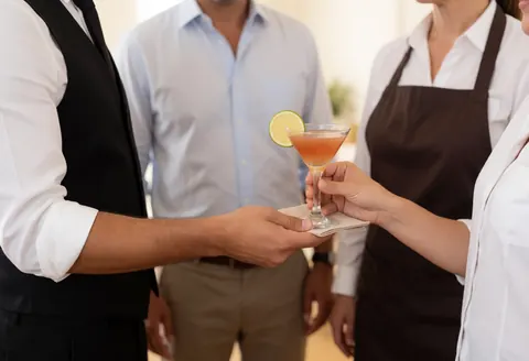 Bartender serving a cocktail in a glass with a napkin in a modern bar setting