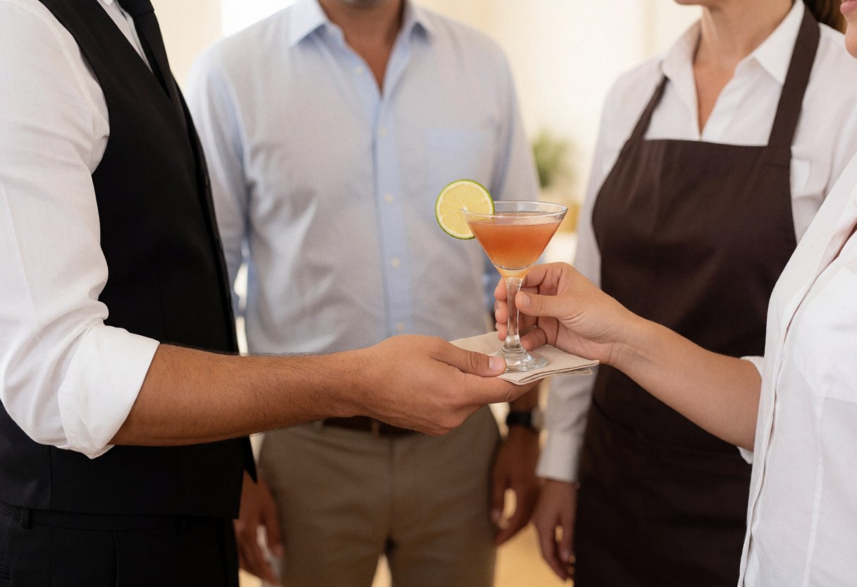 Bartender serving a cocktail in a glass with a napkin in a modern bar setting
