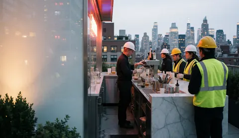 Bartender wearing a white helmet serves beverages at a marble bar with a city view while people in safety helmets stand nearby.