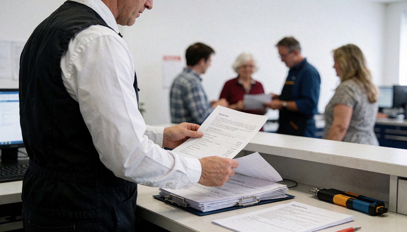 A technician in uniform reviews paperwork at the workshop reception counter with customers and tools visible in the background