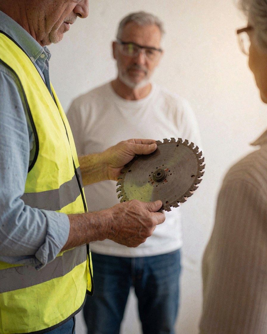 A technician in a yellow vest shows a circular saw blade to two clients during a tool repair service.