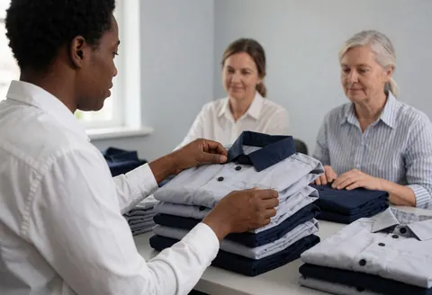 An inspector examines folded uniforms on a table while two women observe in the background at a clothing customization workspace.
