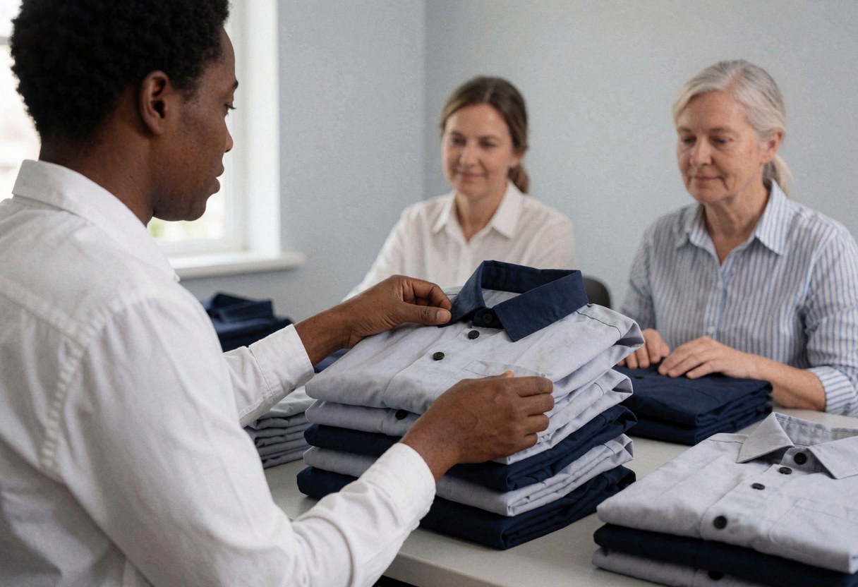 An inspector examines folded uniforms on a table while two women observe in the background at a clothing customization workspace.