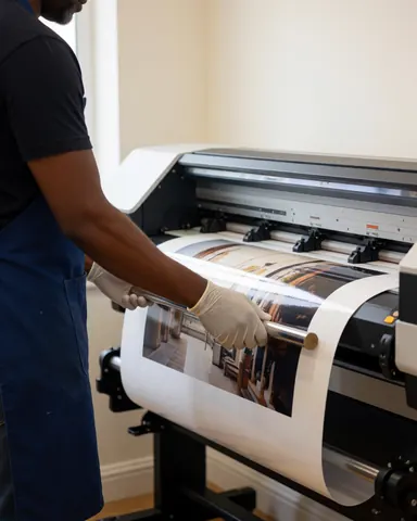 A worker guides a glossy photographic paper roll into a large format printer during a copy shop service in action.
