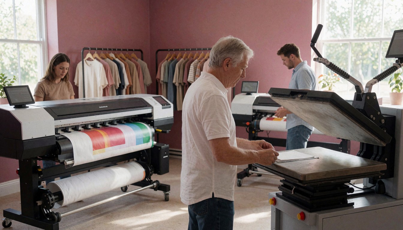 Man working on heat press machine in clean pink-walled print shop with digital printer and hanging clothes