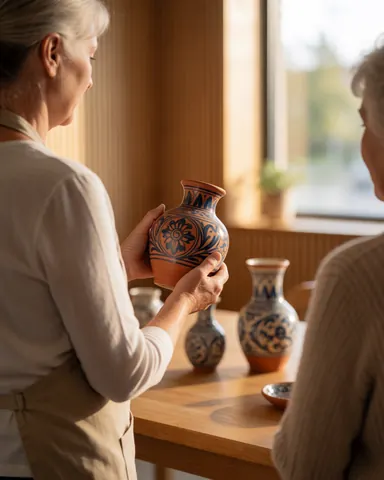 A woman in an apron displays a blue patterned ceramic cup to a client in a craft workshop with wooden tables and natural light.