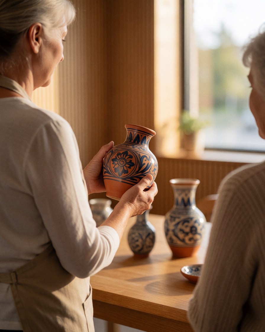 A woman in an apron displays a blue patterned ceramic cup to a client in a craft workshop with wooden tables and natural light.