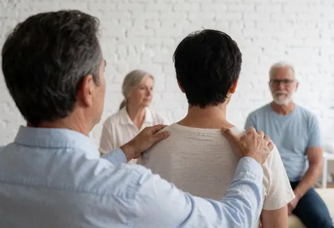 A therapist performs a shoulder adjustment on a patient while two observers watch in a room with a white brick wall.