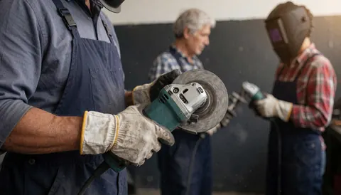 Mechanic wearing gloves and helmet working with an angle grinder in a workshop with gray carbon walls and another worker in the background.