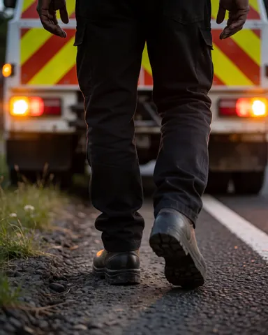 Tow truck operator walking in work boots toward a vehicle on the road with emergency lights on at night