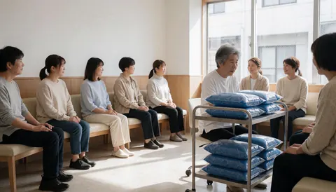 Waiting room with people seated, a cart with blue therapeutic gel, white walls, wood accents, and natural light