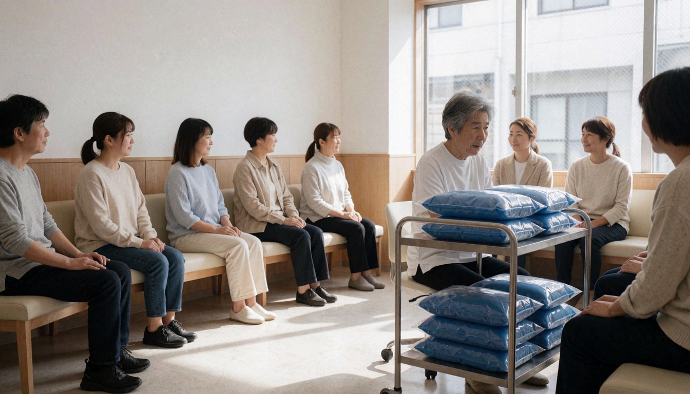 Waiting room with people seated, a cart with blue therapeutic gel, white walls, wood accents, and natural light