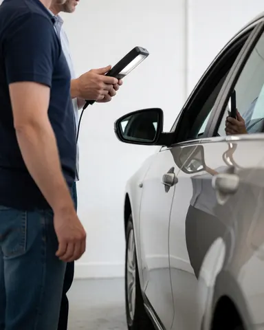 Technician inspects freshly painted car with inspection light, reflection on door, white walls, auto paint shop