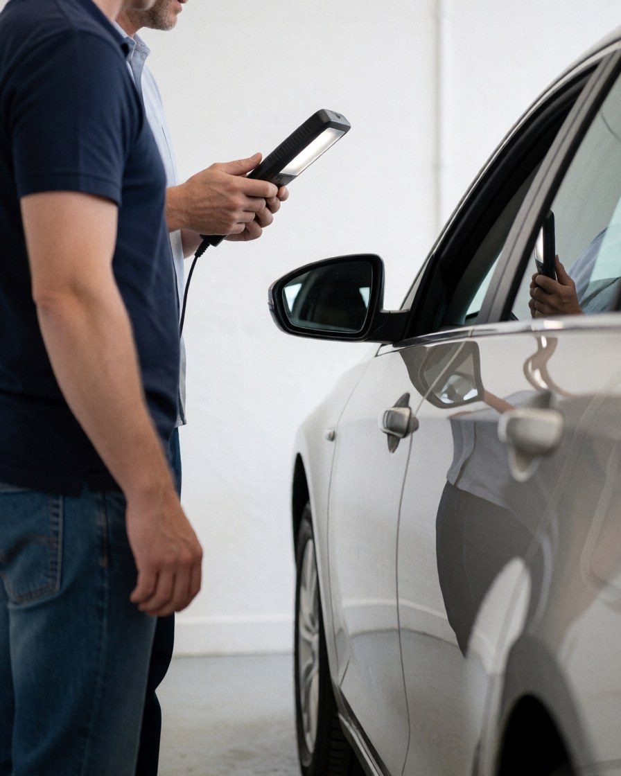 Technician inspects freshly painted car with inspection light, reflection on door, white walls, auto paint shop