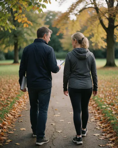 A personal trainer holding a clipboard walks along a path with a client through a park filled with autumn leaves.