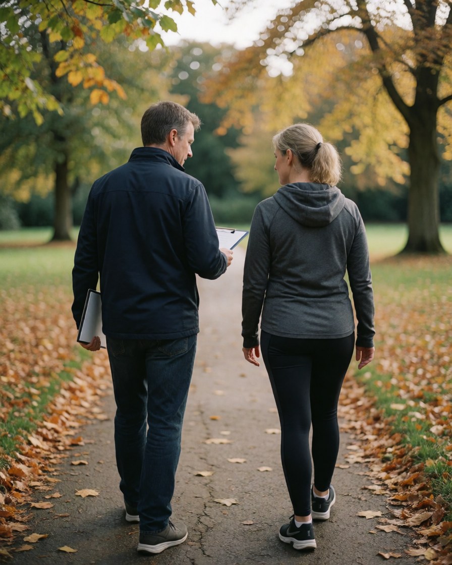 A personal trainer holding a clipboard walks along a path with a client through a park filled with autumn leaves.