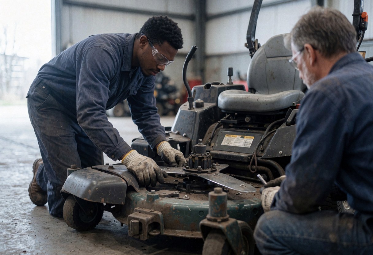 Two mechanics wearing gloves and safety glasses repair a lawnmower deck in a well-lit industrial workshop.
