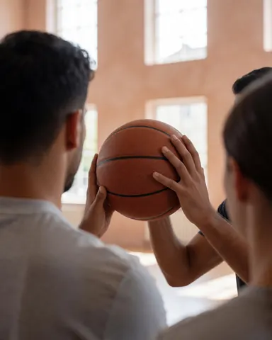 Close-up of hands practicing basketball shooting form in a gym with natural light and terracotta walls