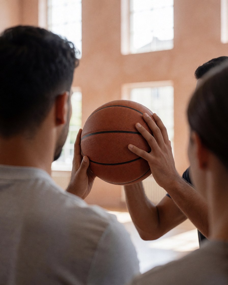 Close-up of hands practicing basketball shooting form in a gym with natural light and terracotta walls