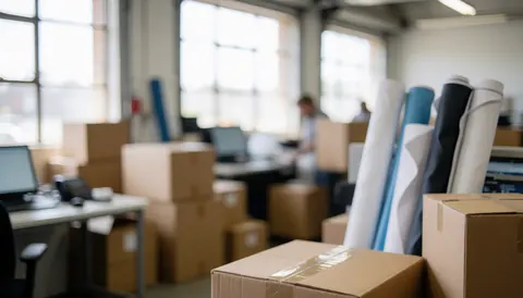 Vinyl rolls and cardboard boxes in a print shop with industrial windows, suitable for distribution services