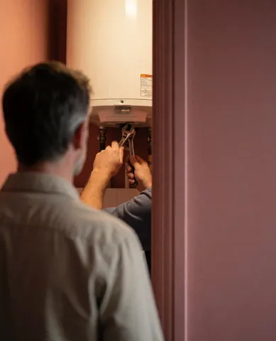Technician using adjustable wrench to repair a white boiler in a bathroom with pink walls while a client watches from behind.