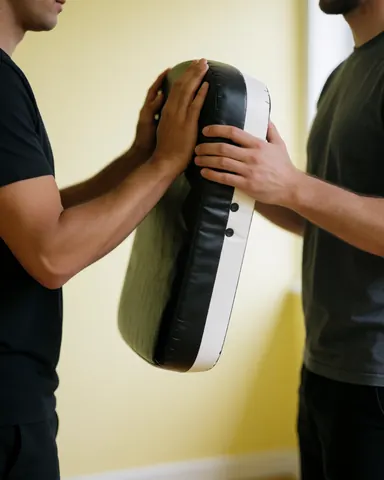 Two people training with a martial arts mask in a gym with cream walls, demonstrating personal training service.
