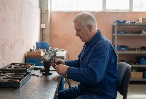 Technician repairing a pneumatic tool in a workshop with natural light, plaster walls, and tools in a tray