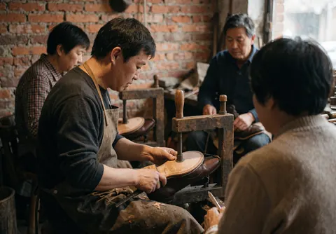 A cobbler clamping a leather shoe sole with a tool in a brick-walled workshop while other men watch the work being done