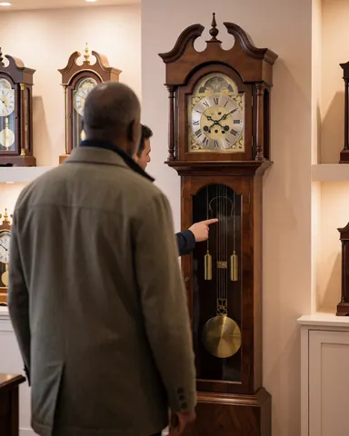 A customer examines a repaired wall clock while a technician points to its pendulum in a watch repair shop.