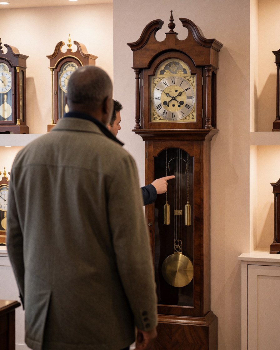 A customer examines a repaired wall clock while a technician points to its pendulum in a watch repair shop.