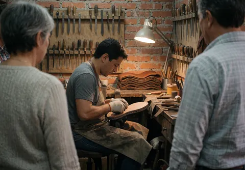 Cobbler working on shoe sole edge with tools and leather in workshop