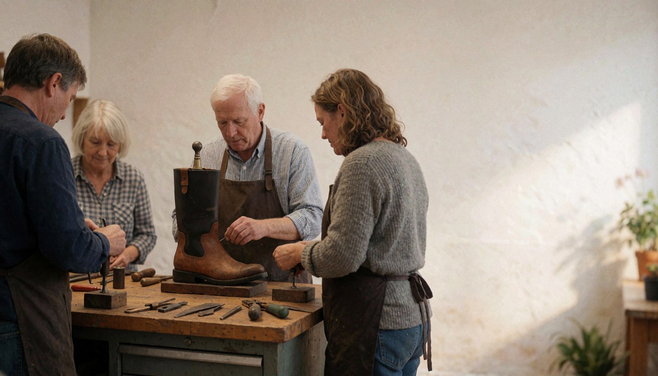 Three cobblers working on leather boots at a workbench in a bright workshop with white walls