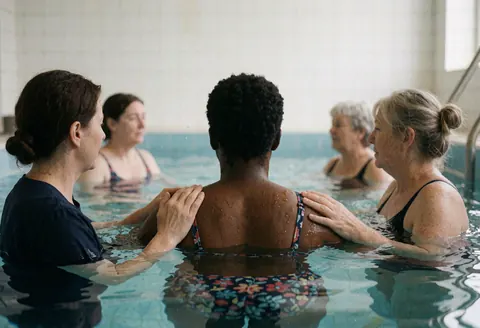 Therapist assisting client in chest-deep water with hands on shoulders, tiled walls and hydrotherapy service in action
