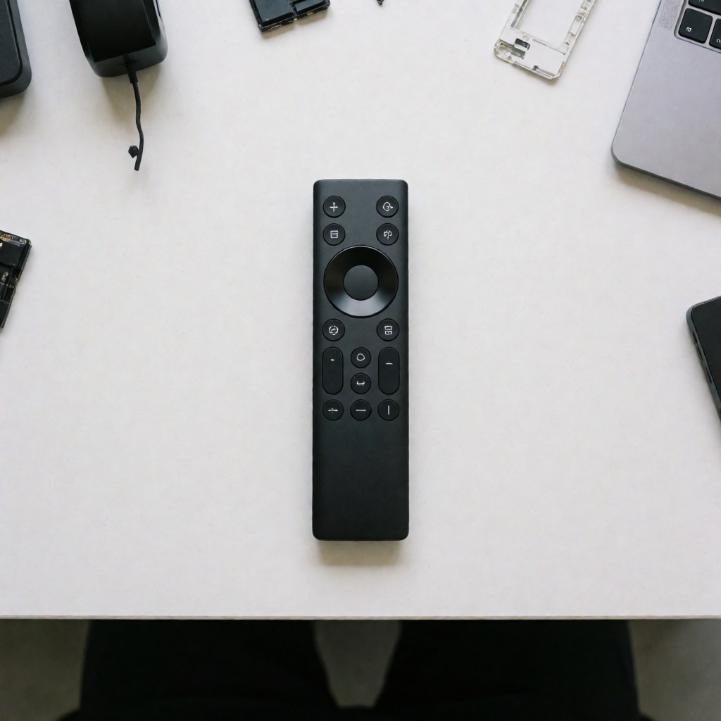 Black universal remote control placed on a clean white table surrounded by electronic components and a laptop for television repair.