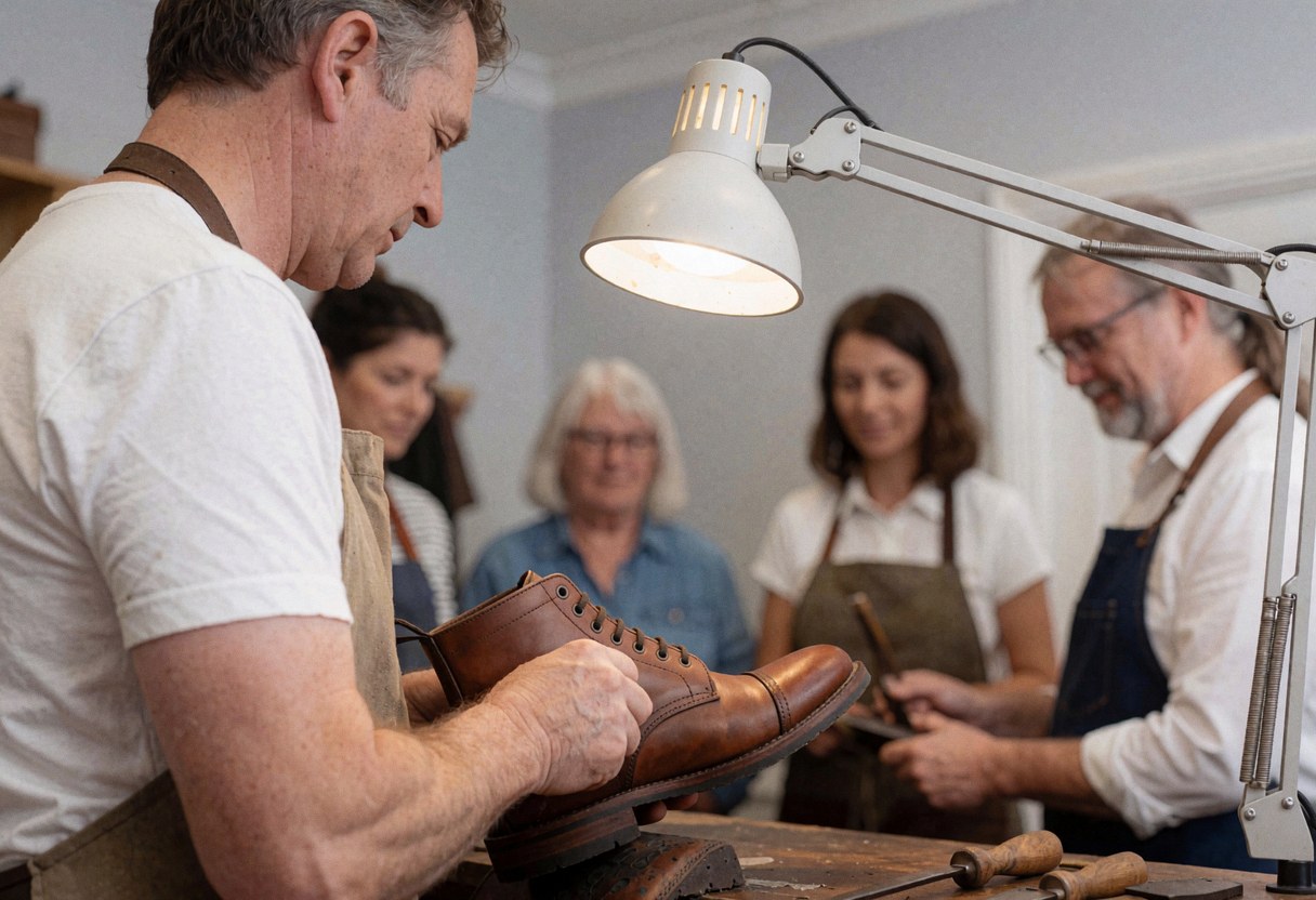 A cobbler works on leather boots under a work light while other adults observe in the workshop.